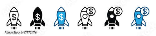 Startup icon. Rocket icon with dollar sign symbol. Editable stroke. Vector illustration