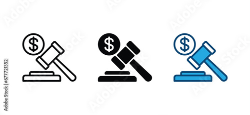 Auction hammer icon. Bid auction, gavel, deal, hammer of justice, sales agreement, judge gavels with dollar sign symbol. Vector illustration