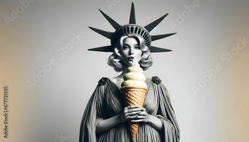 A fashionable lady dressed up as the Statue of Liberty and holding an ice cream cone. photo