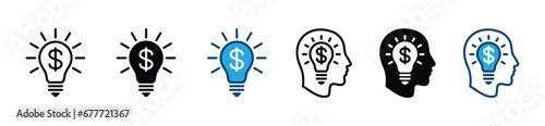 Business and finance idea icon set. Creative earning money solutions. Financial management innovation. Savings thinking icon symbol. Vector illustration