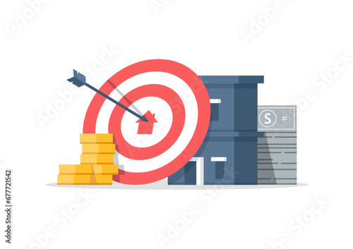 Financial target goal concept vector flat cartoon illustration, idea of marketing business money earnings aim,  strategy achievement