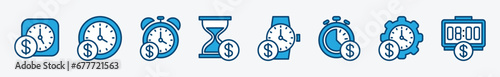 Time is money icons. Time, clock, and timer with money or coin sign and symbol. Vector illustration