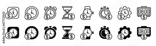 Time is money line icons. Time, clock, and timer with money or coin sign and symbol. Vector illustration