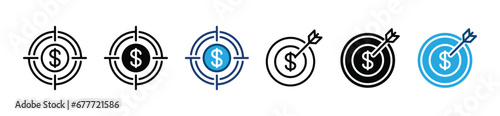 Financial business target icon. Targeting board with arrow and money sign symbol. Aim sniper shoot with coin. Vector illustration