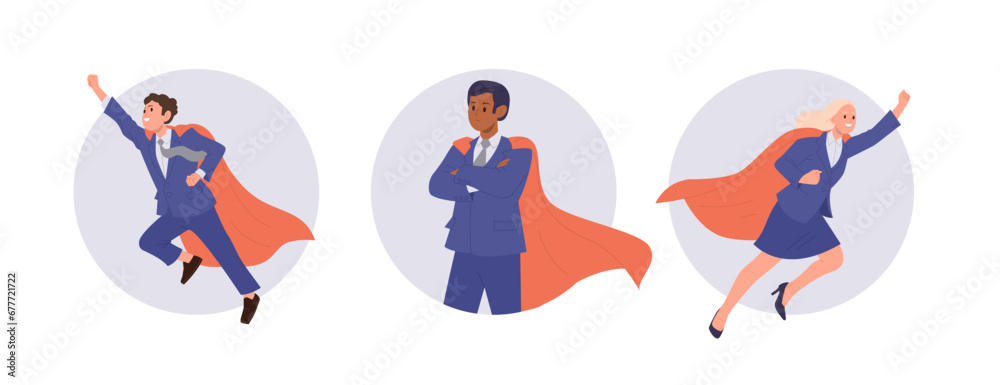 Successful businessman and businesswoman cartoon character in superhero cloak round composition