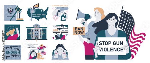 Gun control set. Second amendment ban. Weapon regulations law movement. Firearm violence. Mass shooting in public places and school. Flat vector illustration