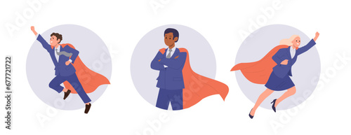 Successful businessman and businesswoman cartoon character in superhero cloak round composition