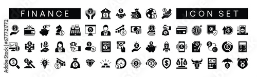 Finance icon set. Containing savings, bank, cash, loan, goal, profit, investment, budget, payment, earnings, piggy bank, increase & decrease, target, support, strategy and more. Symbol illustration
