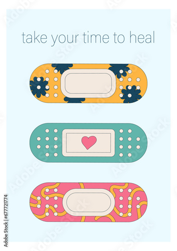 Get well soon card. Positive and motivational poster with greeting quote. Medicine postcard with feel better lettering. Recovery affirmation and wishes. Flat vector Illustration