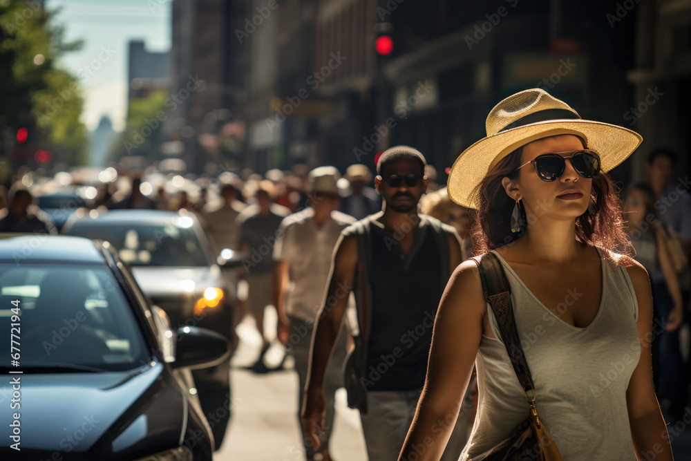 Trendy woman walking along people in city on sunny day