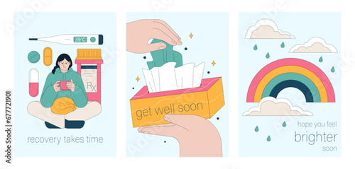 Get well soon card set. Positive and motivational poster with greeting quote. Medicine postcard with feel better lettering. Recovery affirmation and wishes. Flat vector Illustration