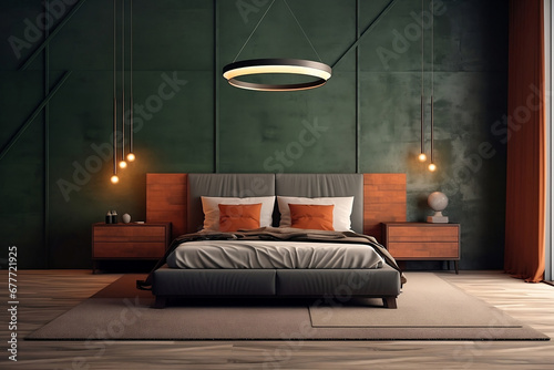 Modern-style bedroom with dark green dramatic coloring, the bed centered in the picture, grey sheets, and dim lights on both sides of the bed.