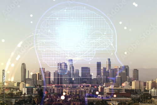 Double exposure of creative human head microcircuit hologram on Los Angeles office buildings background. Future technology and AI concept