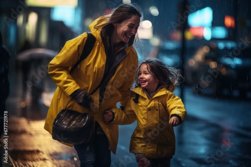 Excited mother and daughter in raincoats walking in city