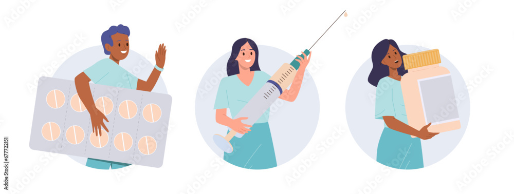 Isolated round icon composition set with friendly smiling doctor, apothecary, drugstore vendor Isolated round icon composition set with friendly smiling doctor, apothecary, drugstore vendor