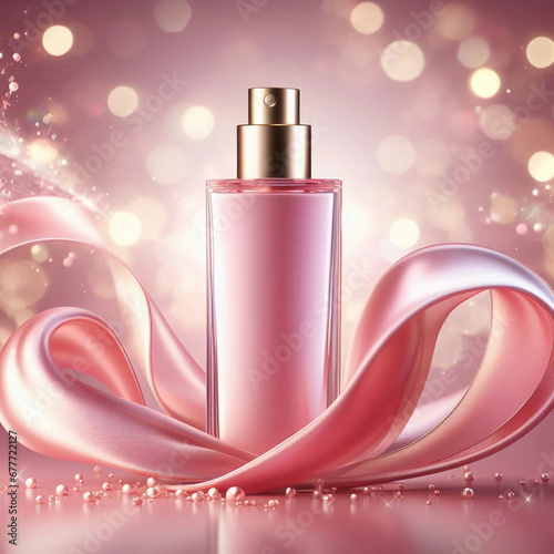 Cosmetic pink spray bottle with swirling chiffon on sparkling background. Generative AI.
