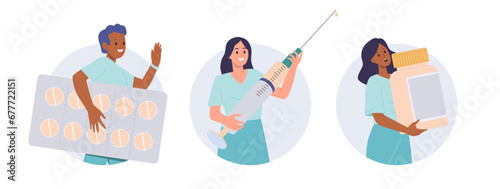 Isolated round icon composition set with friendly smiling doctor, apothecary, drugstore vendor