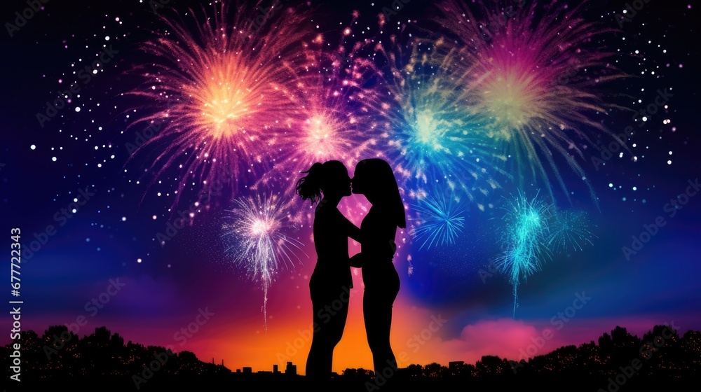 silhouette of a loving lesbian couple on a background of colorful fireworks silhouette of a loving lesbian couple on a background of colorful fireworks