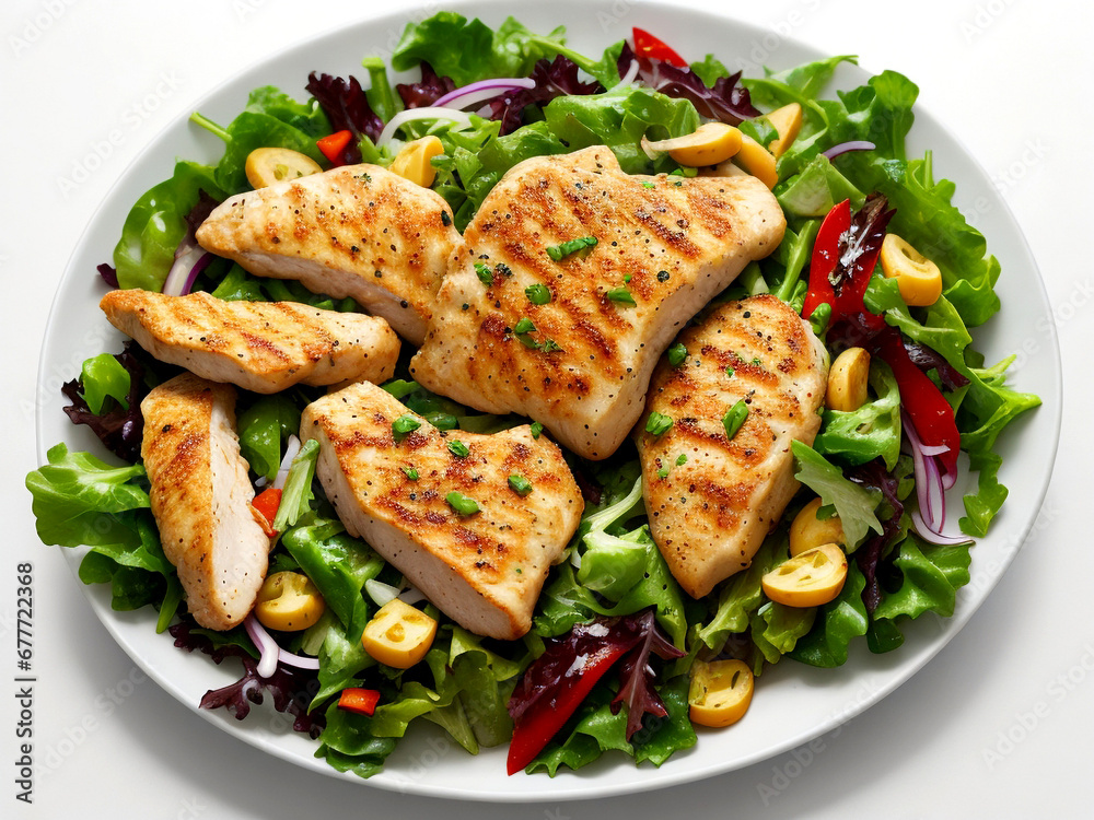 Chicken fillet with salad healthy food top view on white background Chicken fillet with salad healthy food top view on white background