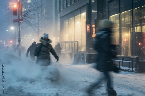 People in warm clothes walking on sidewalk during snowstorm