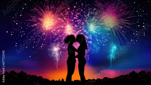 silhouette of a loving lesbian couple on a background of colorful fireworks