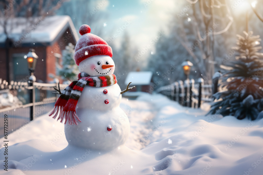 Fototapeta premium Smiling snowman in front of the house on winter day