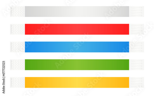 Paper wristband bracelet mockup, wrist band entrance pass to festival event. VP party or concert entrance vector wristband or bracelet ticket with colors for hotel pass and access. Vector illustration