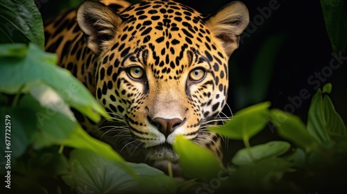 A jaguar in the jungle within the dense Amazon rainforest