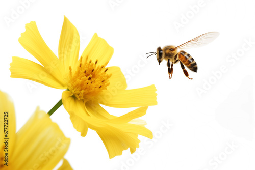 A flying honey bee flying to a yellow flower on a white or transparent background cutout. Macro side close-up view. macro. bee yellow flower png. photo
