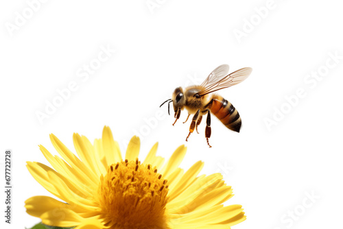 A flying honey bee flying to a yellow flower on a white or transparent background cutout. Macro side close-up view. macro. bee yellow flower png.