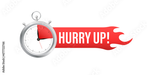 Hurry up with clock for promotion, banner, price. Hurry Up Sign With Stop Watch. Label countdown of time for offer sale or exclusive deal. Red limited offer. Alarm clock. Vector illustration photo