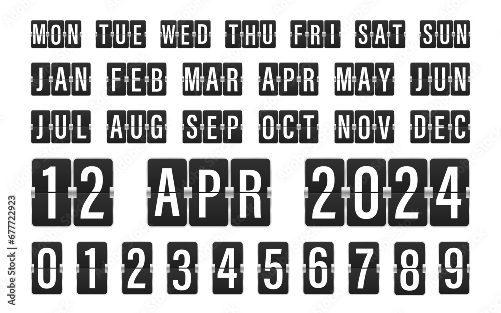 Vector Countdown Timer and Date, Calendar Scoreboard Numbers. Collection of mechanical flip countdown numbers. Flip board with black numbers in retro style. Vector illustration Vector Countdown Timer and Date, Calendar Scoreboard Numbers. Collection of mechanical flip countdown numbers. Flip board with black numbers in retro style. Vector illustration