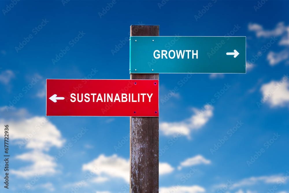 Fototapeta premium Growth versus Sustainability - Road sign with two options.
