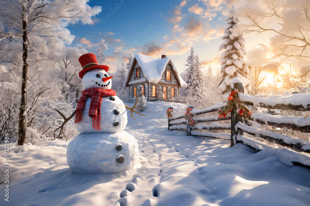 Obraz premium Smiling snowman in front of the house on winter day