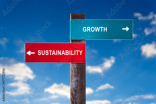 Growth versus Sustainability - Road sign with two options.