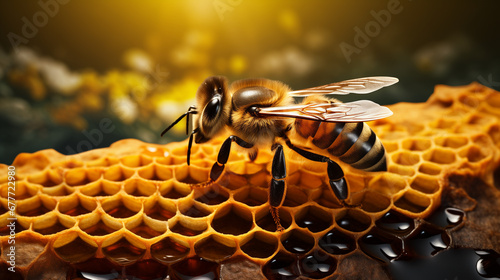 A bee on a honeycomb isolated on a transparent or white background. PNG. Macro side close-up view. Bee hive with honey. photo