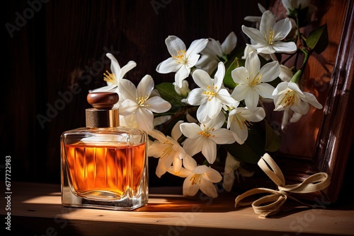 Elegant Glass Bottle with Liquid and White Flowers on Wooden Surface