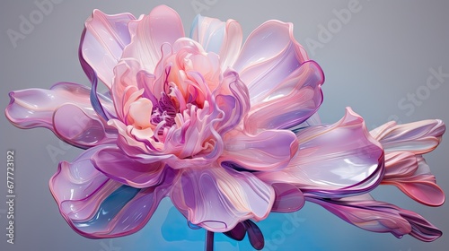  a close up of a pink and purple flower on a blue vase with water droplets on the bottom of the flower and the petals on the top of the petals.  generative ai