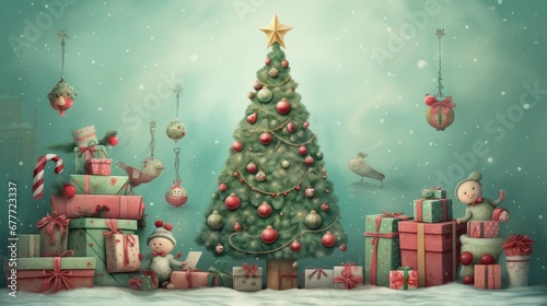  a painting of a christmas tree, presents, and a teddy bear sitting in front of a christmas tree with a star on top of the top of the tree.  generative ai