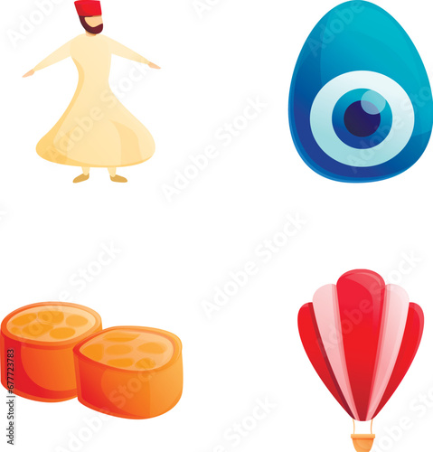 Turkish symbol icons set cartoon vector. Landmark culture and tourism. Travel to turkey