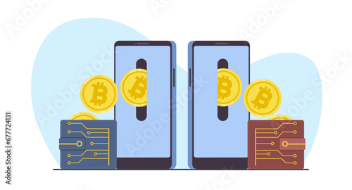 Cryptocurrency transfer from one ewallet to another. Smartphones and cold bitcoin. Currency transaction and exchange. Stock trading online application. Cartoon flat style vector concept