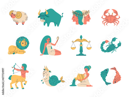 Cute zodiac signs. Funny astrological icons, traditional horoscope symbols, cartoon style aries, taurus, gemini and cancer, funny leo and scorpio cartoon flat isolated minimal vector set