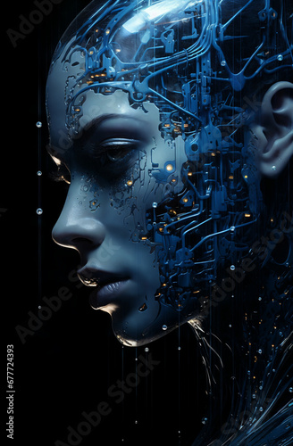 the face of the futuristic female robot cyborg artificial intelligence in black background