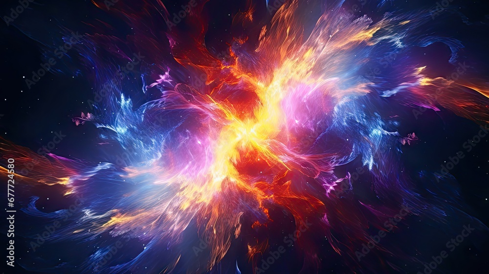  a computer generated image of a colorful explosion of fire and ice on a black background with space in the middle of the image and a star in the middle of the middle of the image.  generative ai