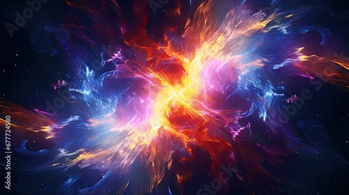  a computer generated image of a colorful explosion of fire and ice on a black background with space in the middle of the image and a star in the middle of the middle of the image. generative ai