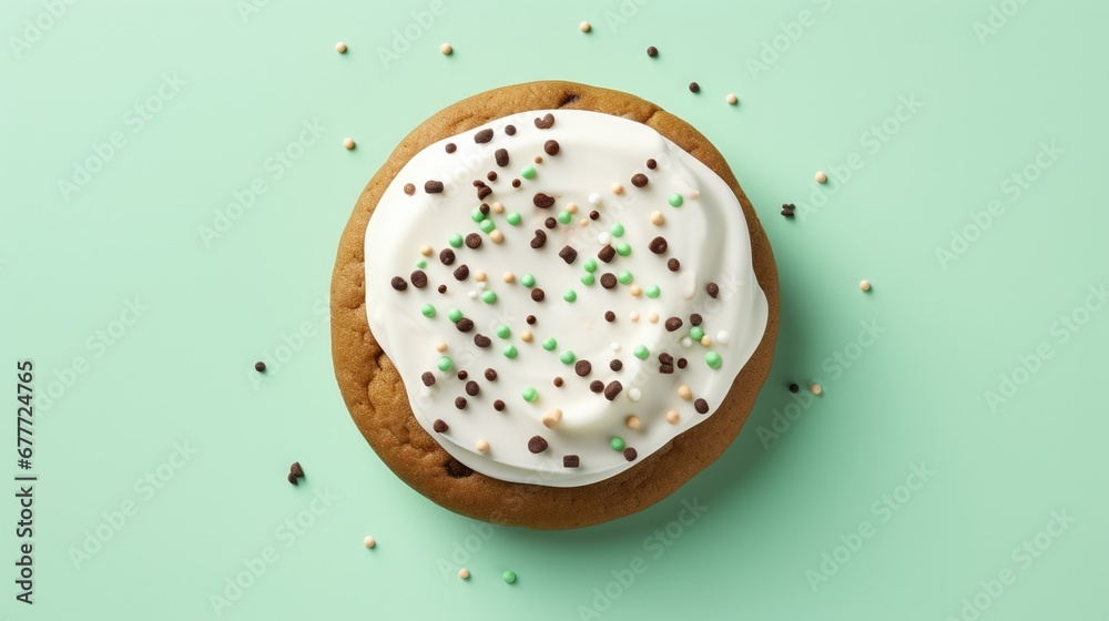 a cookie with white frosting and sprinkles on a mint green background with white and brown sprinkles on the top of the cookie and the cookie. generative ai a cookie with white frosting and sprinkles on a mint green background with white and brown sprinkles on the top of the cookie and the cookie. generative ai