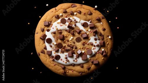  a chocolate chip cookie with white frosting and sprinkles on a black background with sprinkles on the top of the cookie and the cookie. generative ai