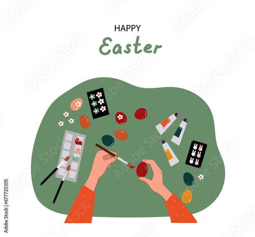 Women making dyed eggs, Easter celebration preparation. Tradition of painting decorating eggs. Vector cartoon flat illustration.