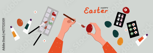 Women making dyed eggs, Easter celebration preparation. Tradition of painting decorating eggs. Vector cartoon flat illustration.