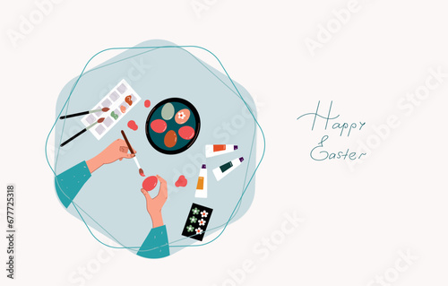 Women making dyed eggs, Easter celebration preparation. Tradition of painting decorating eggs. Vector cartoon flat illustration.